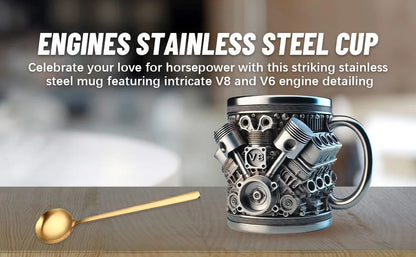 Stainless Steel Cup V8 & V6,  V6 V8 Engines Design Mug, Durable & Stylish Rust-Proof 15oz Coffee Mug Perfect for Car Enthusiasts
