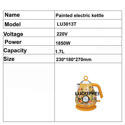 1850W Retro Printed Paint Electric Kettle With Temperature Display 304 Stainless Steel Boiling kettle Teapot Auto Power Off 1.7L