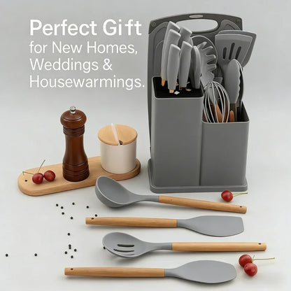 19-in-1 Kitchen Knife & Silicone Utensil Combo Set, Heat Resistant Cooking Tools with Detachable Storage Organizer