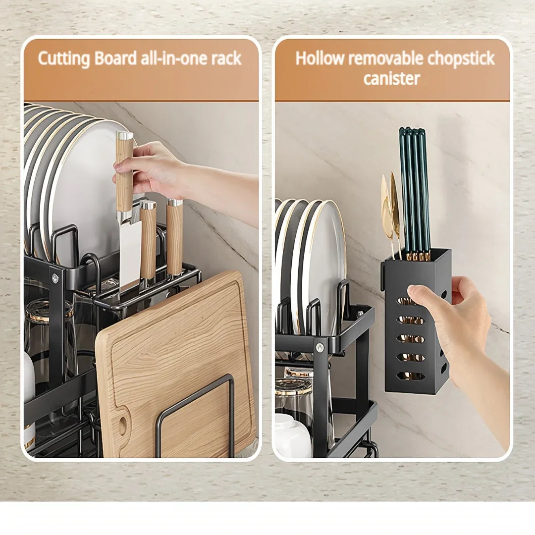 2-Tier Carbon Steel Dish Drying Rack for Kitchen Counter, Large Capacity Dish Drainer with 360° Swivel Spout, Rust-Proof Utensil & Cutting Board Holder