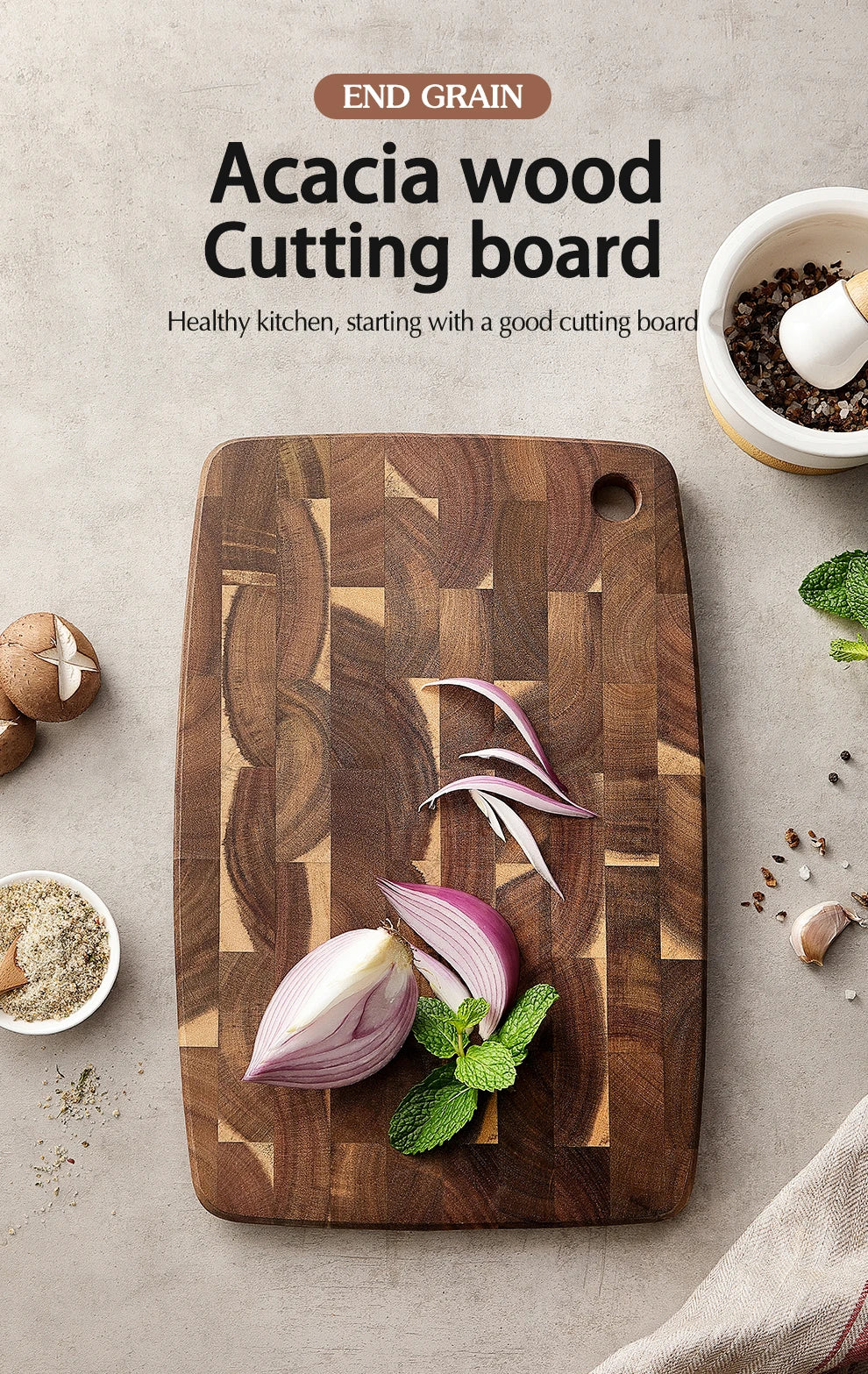 XINZUO End Grain Board Selected Acacia Wood 36x24cm Seamless Design 40% Improved Shock Absorption for Meat, Bread & Vegetable