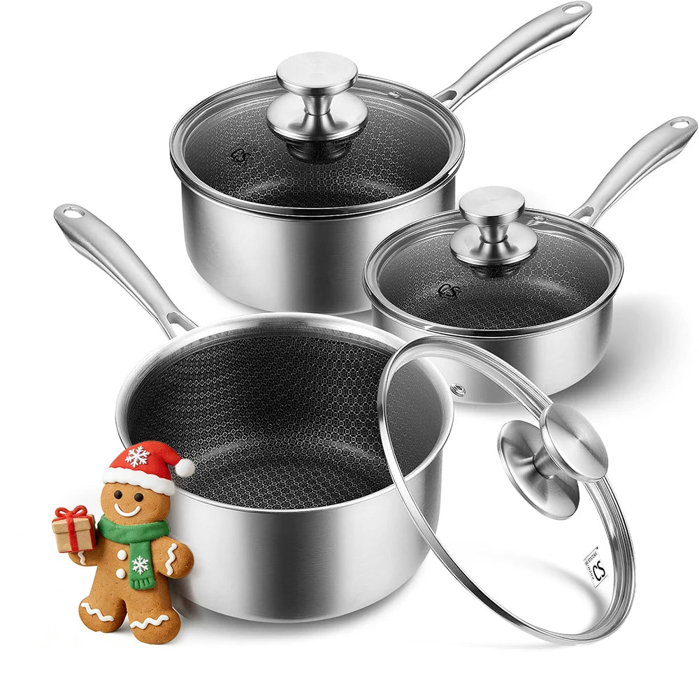 KOCH SYSTEME CS Hybrid Nonstick Stainless Steel Saucepan, 1+2+3 Quart Tri-Ply Stainless Steel Sauce Pan, Sauce Pan Set