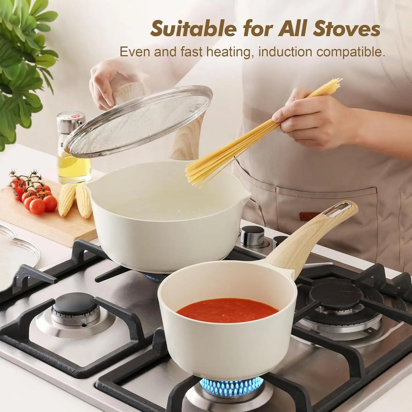 1.5 & 2.5 Quart Ceramic Sauce Pan Set with Lids, Nonstick Pour Spout Pots, Induction Compatible, PFOA/PTFE/PFAS Free