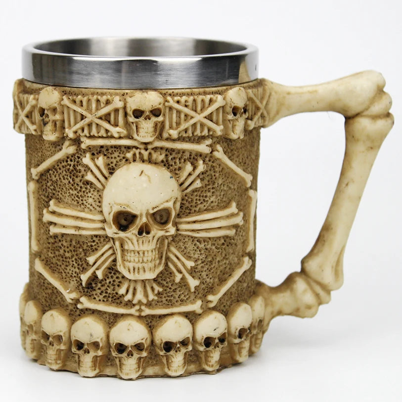 Stainless Steel Skull Mug Contain Viking Skeleton Death Grim Knight Gothic Design Coffee Beer Tankard Mugs BEST Halloween Gift