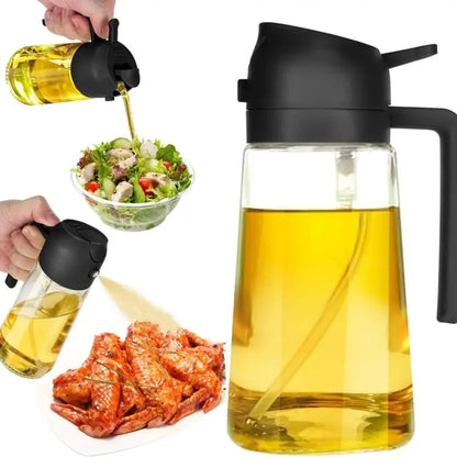 2-in-1 Oil Dispenser and Sprayer, Glass Oil Bottle with Pour and Spray Function, Green and Black