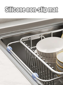 Stainless Steel Telescopic Sink Drain Rack Non-Slip Dish Drying Kitchen Bathroom Countertop Organizer Rack for Household Use