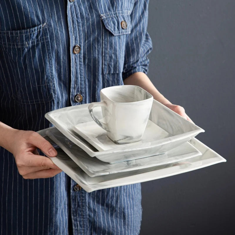 30PCS Marble Grey Porcelain Tableware Dinnerware Set with 6PCS Dessert/Soup/Dinner Plate/Cup/Saucer,Plates and Bowls Sets,FLORA
