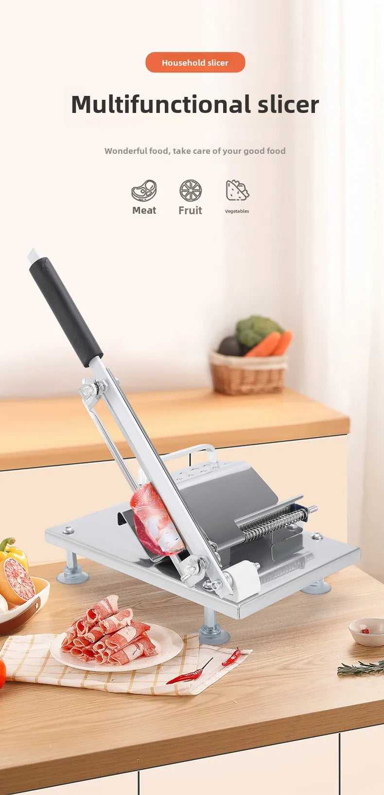 Multi-Functional Manual Meat Slicer - Stainless Steel Home & Commercial Slicing Machine for Lamb, Beef & Frozen Meat Cuts