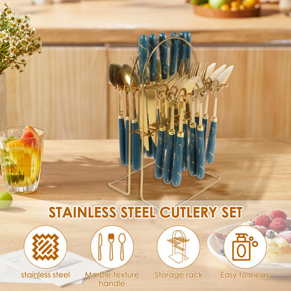 24Pcs Tableware Set with Holder Stainless Steel Cutlery Set Service for 6 Utensils Set Mirror Polished Forks Knives Spoon Set