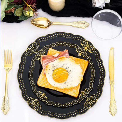 175 PCS Black and Gold Plastic Plates - Black Disposable Dinnerware Set with 50 Plates, 25 Knives, 25 Forks, 25 Spoons, 25 Cu