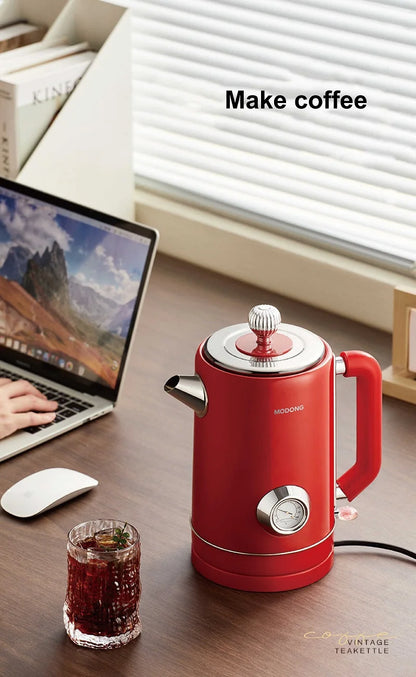 1500W Vintage Electric Kettle 304 stainless steel Fast Heating Water Boiler With Thermometer Home Water Boiling Cooking Pot 1.8L