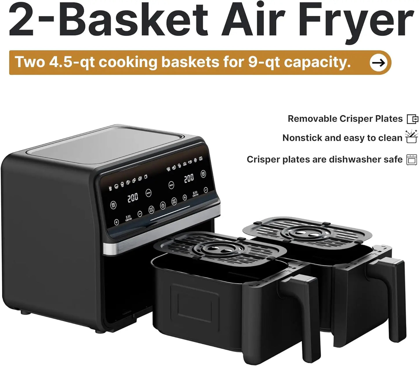 Dual Air Fryer 9QT (2x4.5QT) 2200W, 2 Independent Baskets, Sync & Match Cooking for Family