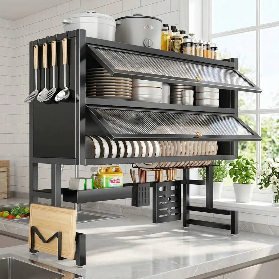 Over The Sink Dish Drying Rack,3 Tier Adjustable Length Full Stainless Steel Large Storage Kitchen Dish Rack,For Kitchen Counter Expandable Multifunctional Organizers