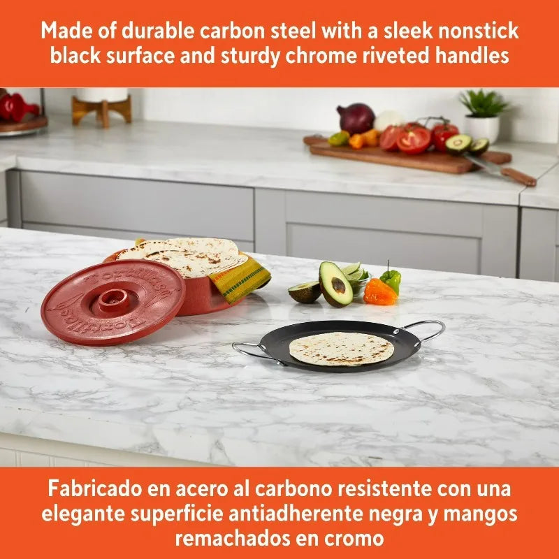9in Carbon Steel Nonstick Round Comal with Metal Handles, Black