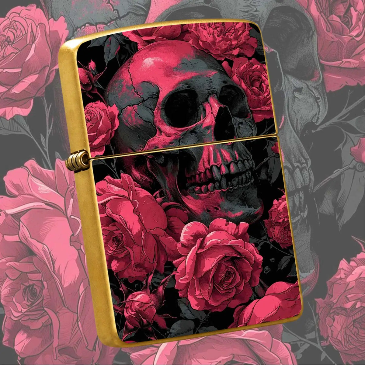 Vibrant Rose Red Skull Rose Pattern Lighter, Punk Aesthetic Solid Durable Housing PORTABLE Lighter for Outdoor Camping Daily Use, Creative Exquisite Practical Gift for Smokers Friends Halloween Gothic A Fun and Humorous Light