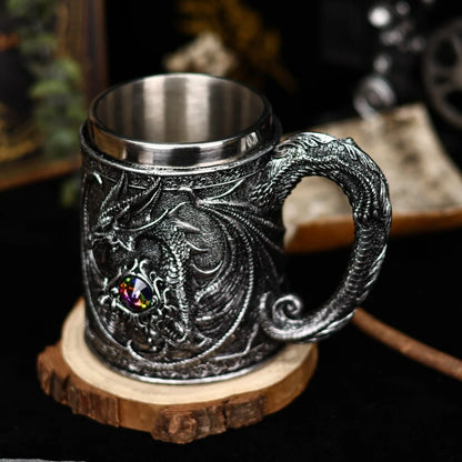 Retro Dragon Resin Hand Painted Stainless Steel Beer Mug Coffee Cup Gem Creative Design Tea Cup Bar Decoration Collection Gift