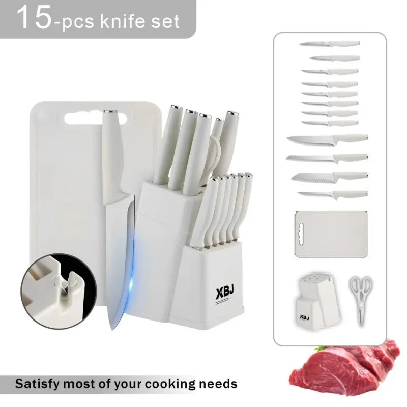 15 Pcs Stainless Steel Kitchen Knife Set with Block & Cutting Board, Ultra Sharp Chef Knives for Home Cooking