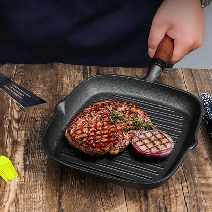 22cm 24cm Thickened Cast Iron Steak Frying Pan Non-coated Non-stick Household Stripes Frying Steak Special Pan