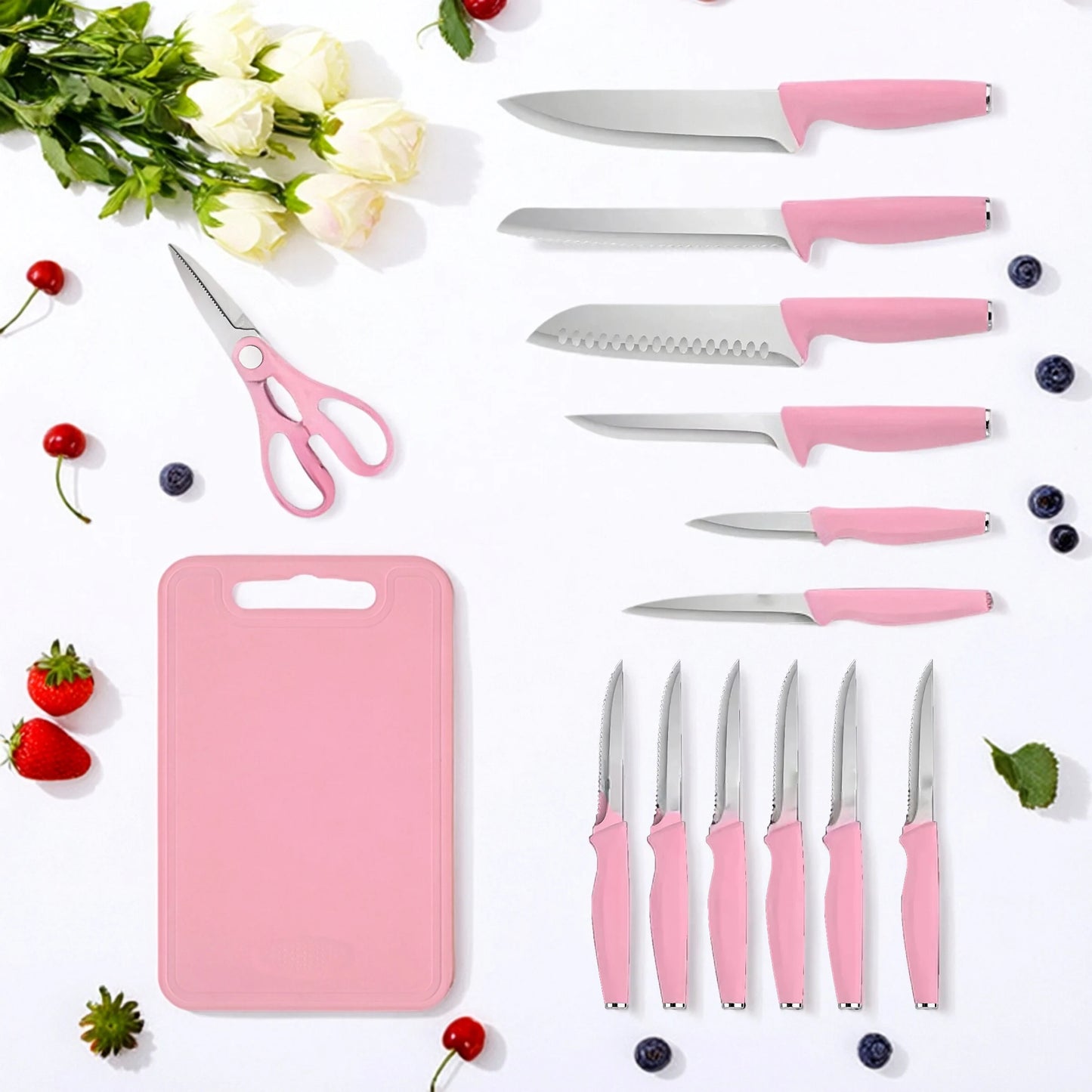 15 Pieces Kitchen Knife Set Stainless Steel Knife Slip Handle with Scissors Sharpener Cutting All-Round