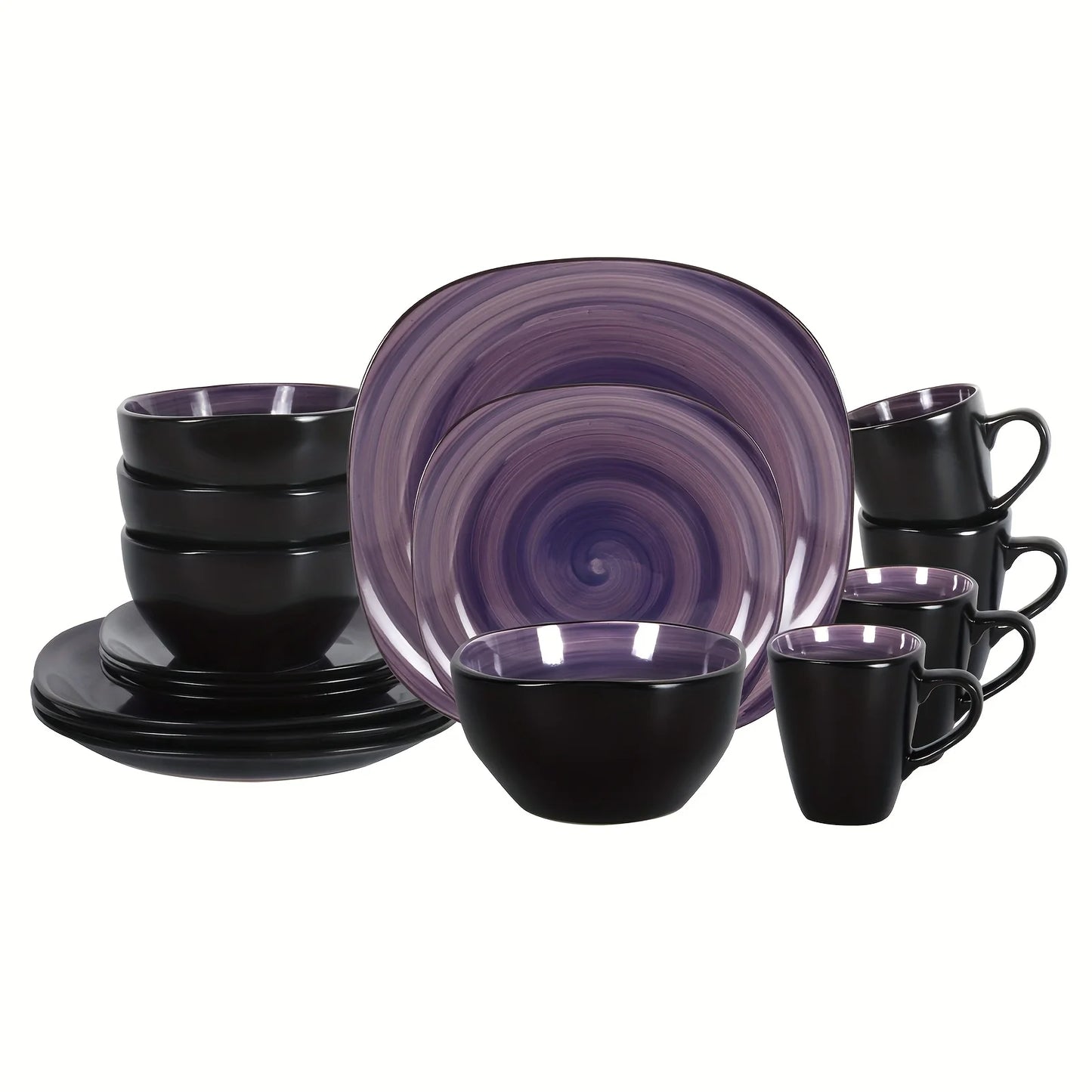 16pcs Square Tableware Set - Artfully Hand-Brushed, Colorful And Black-Trimmed Square Plates And Bowls Set, 4-Person Tableware S