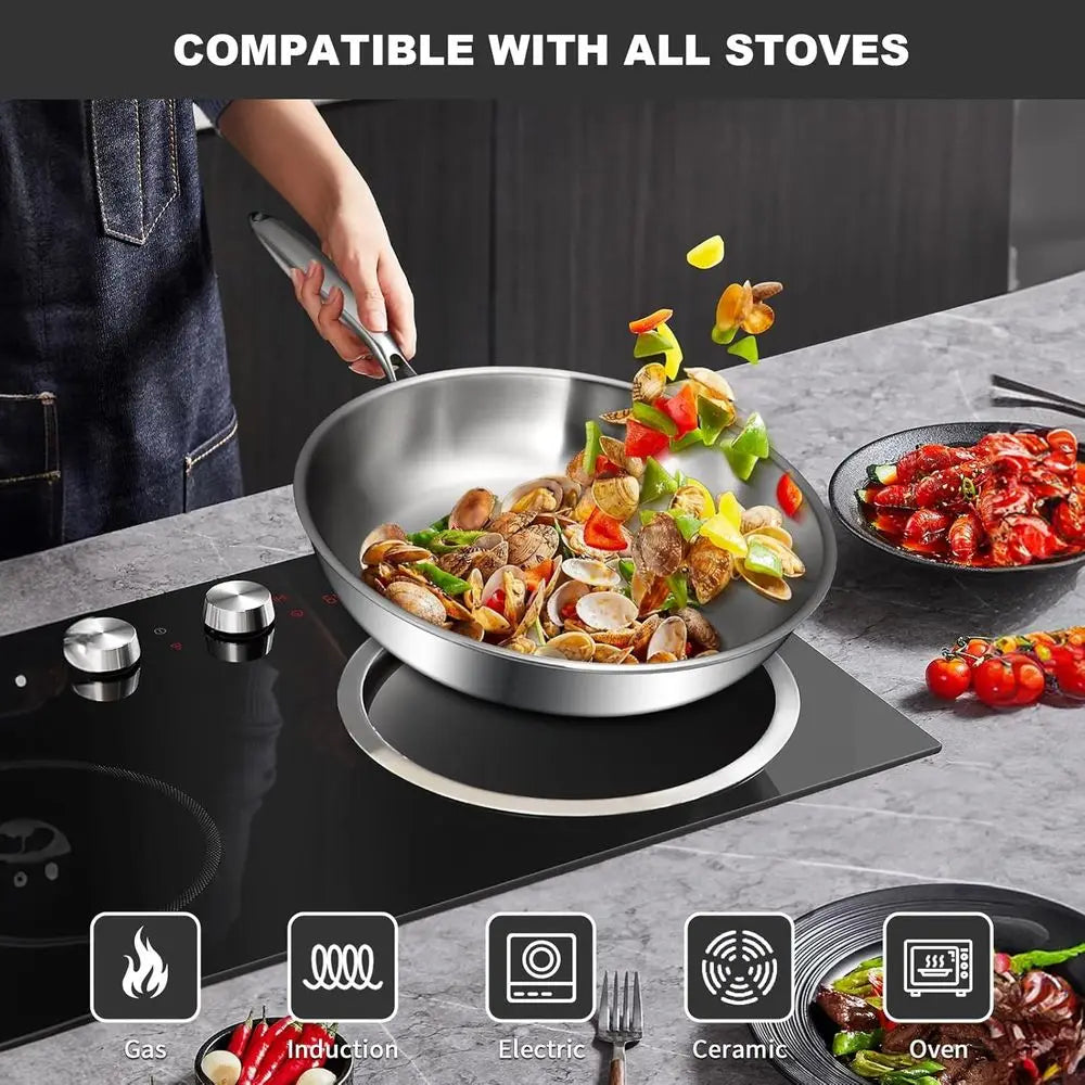 Triple-Layer Stainless Steel Frying Pan Set, 8/10/12, PFOA and PTFE Free, Induction Compatible, Dishwasher and Oven Safe, Durabl