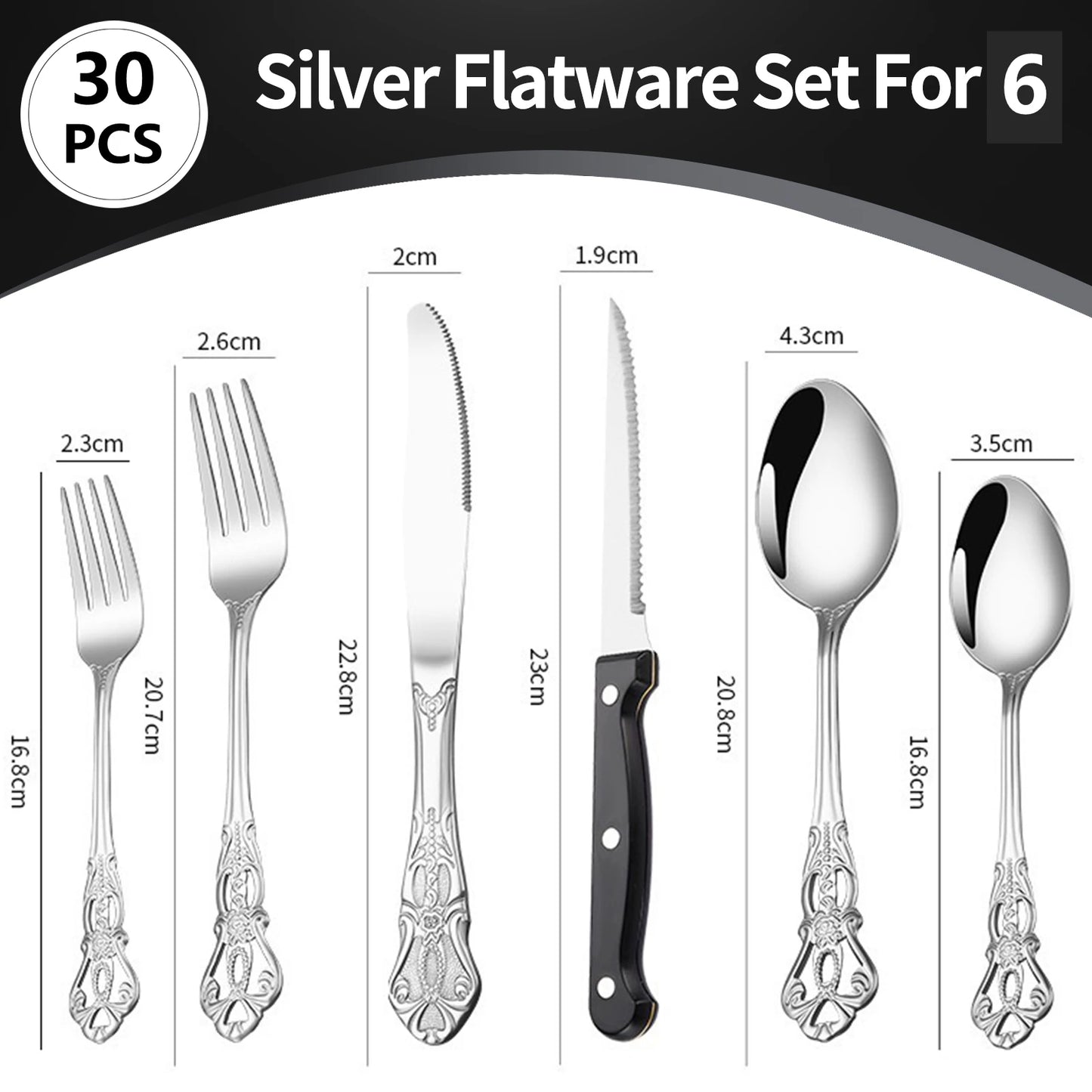 30 piece cutlery set - Western utensils knife, fork, spoon (including sharp steak knife) - for home, hotel, and restaurant use