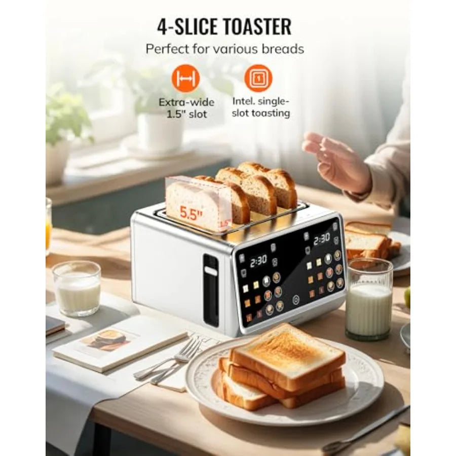 4-Slice Digital Smart Toaster with TouchScreen Dual Control Panel Single Slot Toasting Timer Reheat Defrost for Bagels Bread Wa