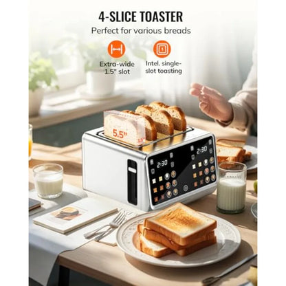 4-Slice Digital Smart Toaster with TouchScreen Dual Control Panel Single Slot Toasting Timer Reheat Defrost for Bagels Bread Wa