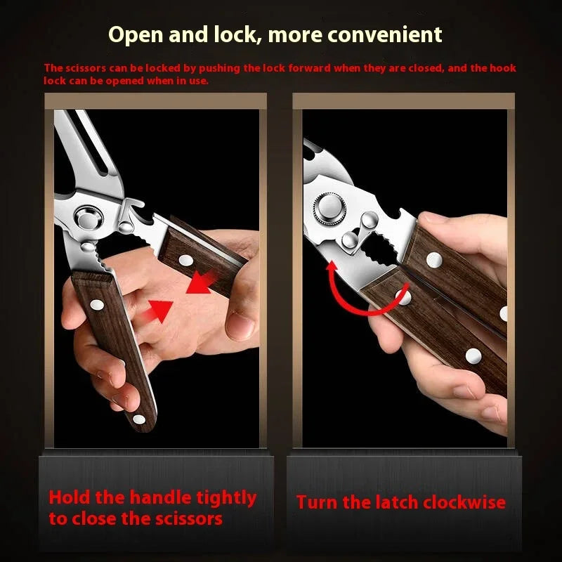 Premium Kitchen Scissors Wooden handle Stainless Steel powerful Chicken Scissors Bone Cutting Scissors Tool