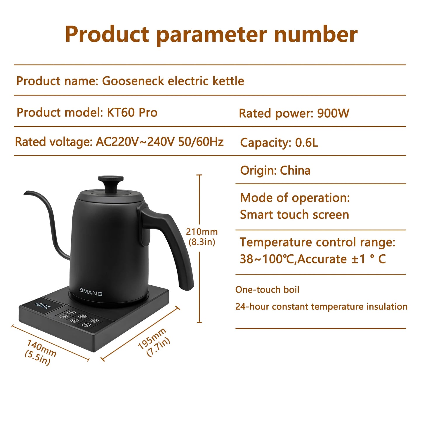 SMANG 900W Gooseneck Electric Kettle 0.6L Smart Temperature Control Coffee Kettle Pour Over Coffee Kettle Rapid Heating Pot