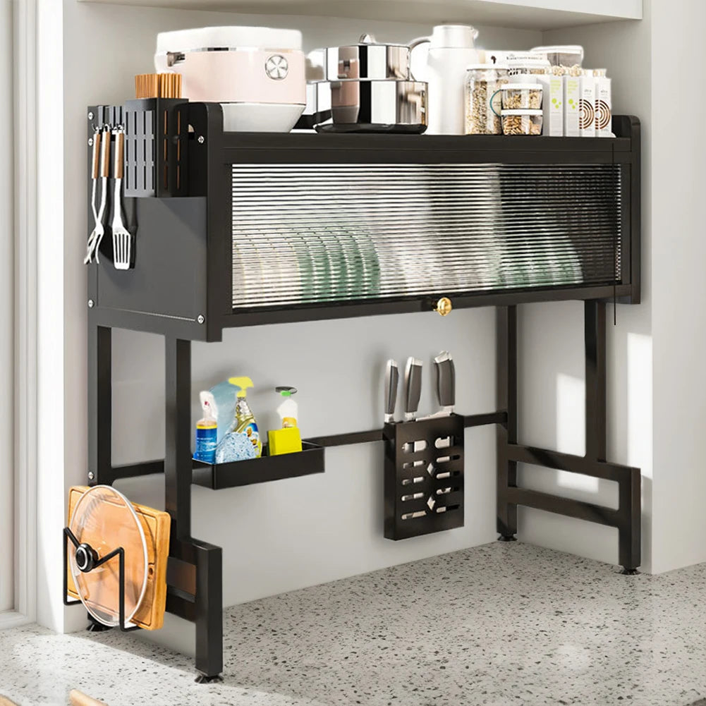 Kitchen Drain Shelf Steel Multi-Functional Kitchen Storage Rack Kitchen Sink Organizer Large Over The Sink Dish Rack with Cover