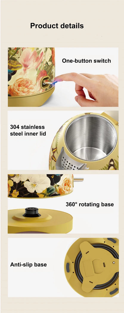 1700ml Retro Printed Electric Kettle Household 304 Stainless Steel Boil Kettle Automatic Power Off Teapot Kitchen Tool 1850W