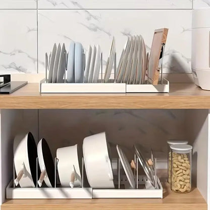 ABS Expandable Pot and Pan Organizer Rack Adjustable Kitchen Cabinet Cookware Storage Holder with Dividers for Pot Lids Baking Pans Under Sink Drawer Space Saver Home Pantry Accessories