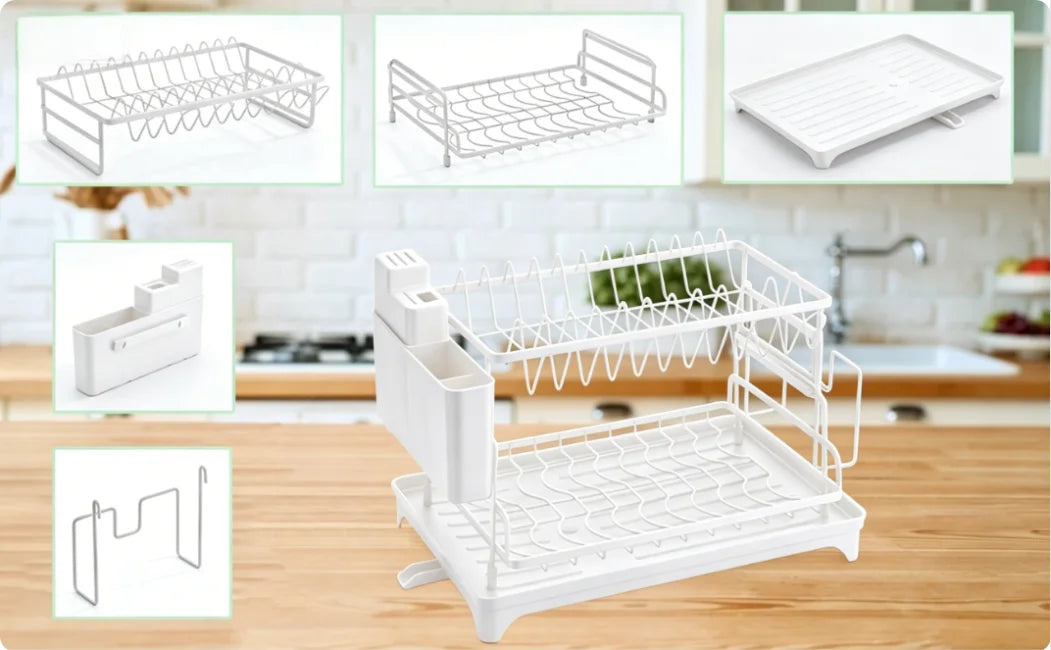 2 Tier Dish Drying Rack Kitchen Bowl Drainer Storage Rack Tableware Drain Chopsticks Knife Fork Water Cup Storage Holder 2 Tier