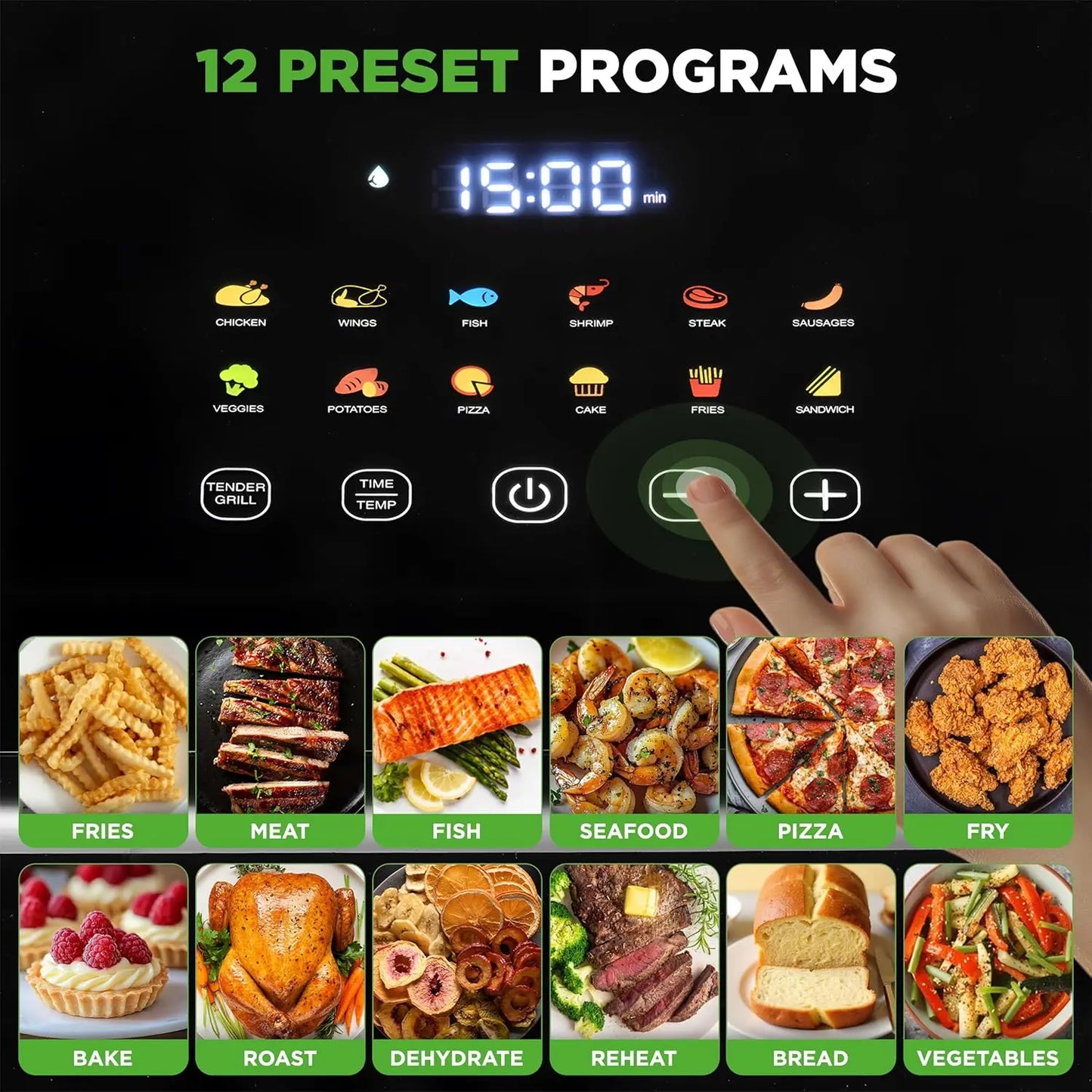 Large 6.3 Quart Air Fryer, 12 Preset Functions with Tenderizing, Digital Display & Transparent Window