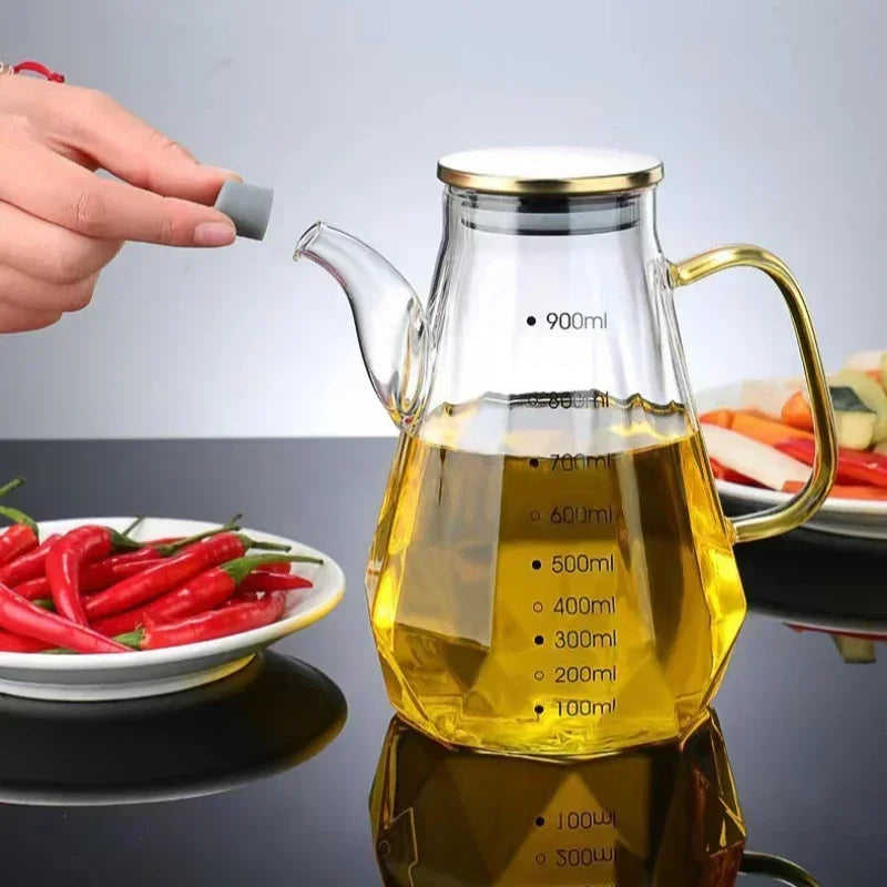 JUSTINLAU Glass Oil Pots 500/700/900ml Leak Proof Diamond Oil Bottle with Scale/Lid Kitchen Soy Sauce Vinegar Condiment Storage