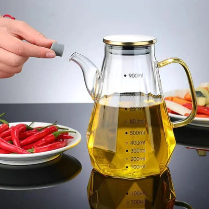 JUSTINLAU Glass Oil Pots 500/700/900ml Leak Proof Diamond Oil Bottle with Scale/Lid Kitchen Soy Sauce Vinegar Condiment Storage