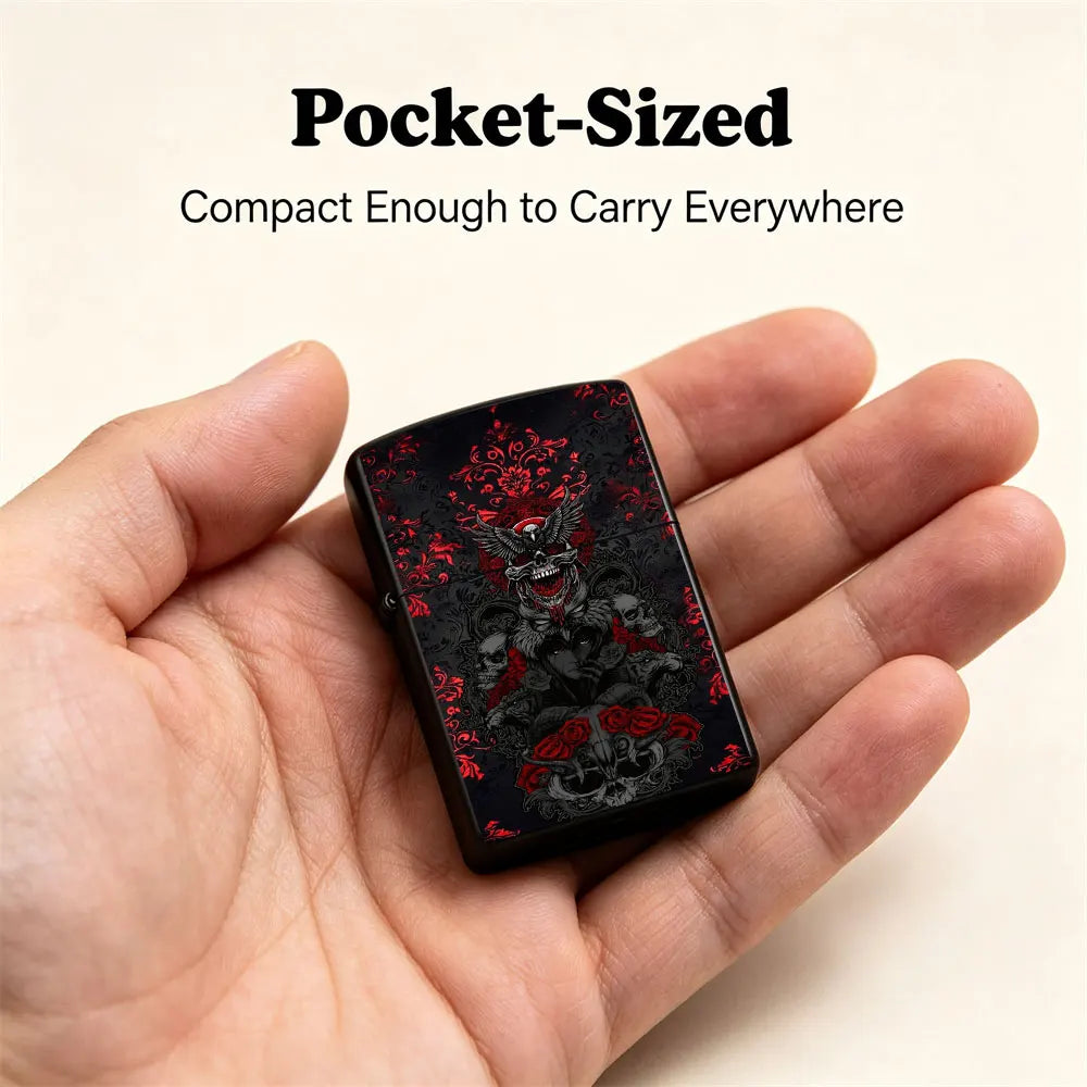 Pocket Lighter, Skull & Rose Print Metal Case, Flip-Top Windproof Design, Comfortable Grip, Refillable, Cool Gift for Men