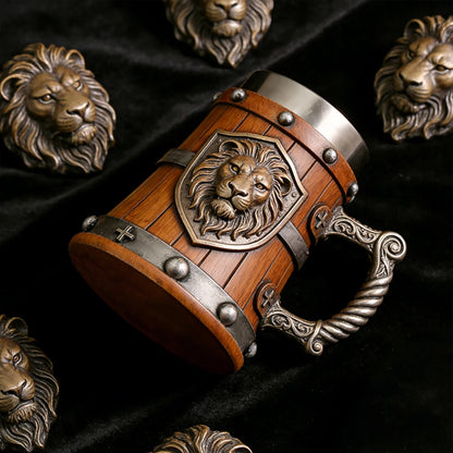 Medieval Lion Head Beer Mug Retro Wooden Look Tankard 304 Stainless Steel Inner Cup Vintage Gothic Stein Cup Gift for Men Father