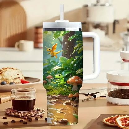 40oz Tumbler with Handle, Cute Cartoon Dinosaur Jungle Riding Print, Suitable for All Ages, Perfect for All Seasons, Great for Outdoor Activities And Fits Both Hot And Cold Drinks
