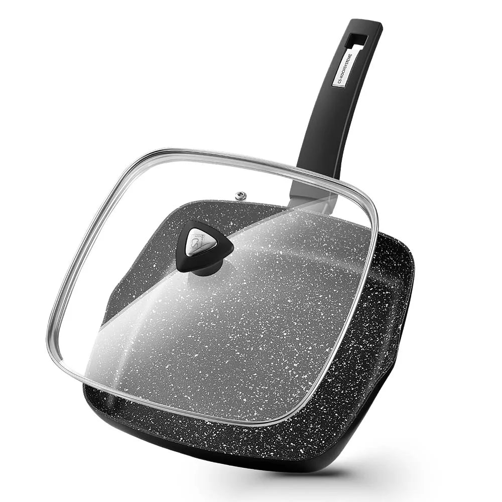 KOCH SYSTEME CS 10 Inch Nonstick Grill Pan for Stove Tops, Nonstick Skillet with Bakelite Handle, Square Grill Skillet with Lid