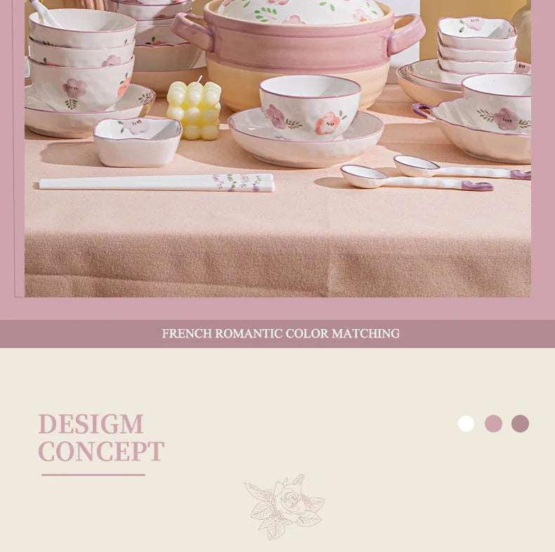 Flower, Underglaze Color, Ceramic Tableware, Bowl and Plate Combination