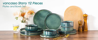 vancasso 12/24/36Piece Dinner set Black Green Reactive Glaze Vertical edge Dinnerware set with 4PCS Dinner Plate/ Dessert/Bowl