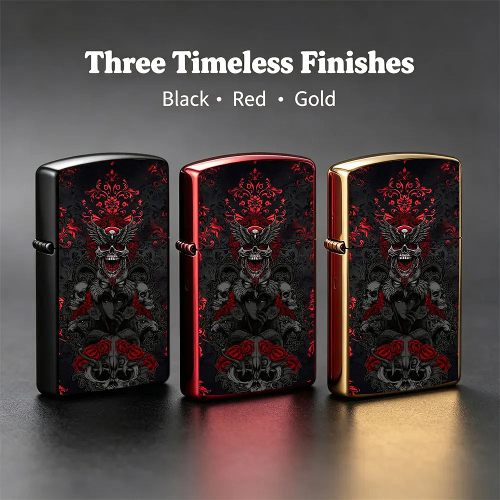 Pocket Lighter, Skull & Rose Print Metal Case, Flip-Top Windproof Design, Comfortable Grip, Refillable, Cool Gift for Men