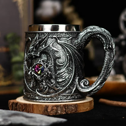 Retro Dragon Resin Hand Painted Stainless Steel Beer Mug Coffee Cup Gem Creative Design Tea Cup Bar Decoration Collection Gift