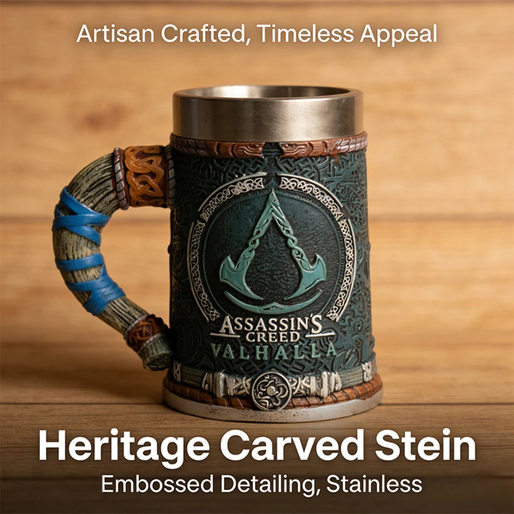 Assassins Creed Valhalla Viking Game Tankard Stainless Steel Liner Resin Coffee Mug Norse Warrior Stein Tankard for Gamer Gift