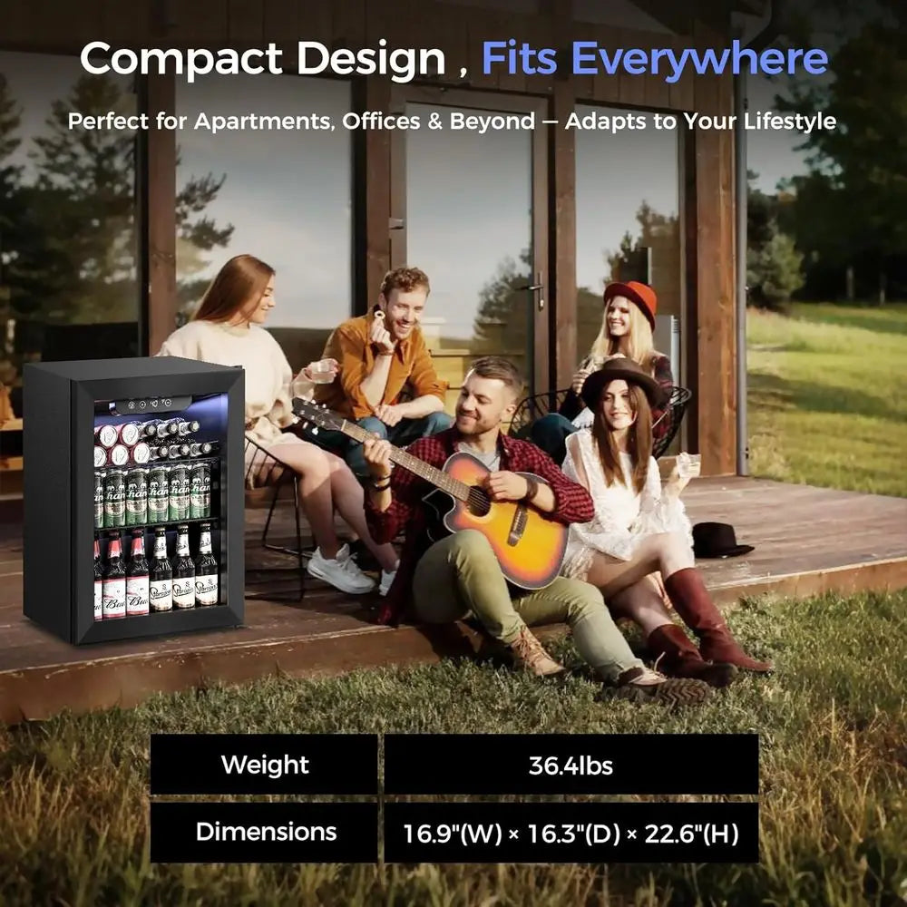 68-Can Capacity Mini Fridge with Glass Door for Beverages, Ideal for Home, Office, or Dorm, Black