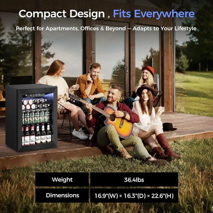 68-Can Capacity Mini Fridge with Glass Door for Beverages, Ideal for Home, Office, or Dorm, Black
