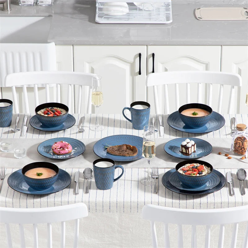 16Piece Blue Embossed Stoneware Tableware Set with Dinner/Dessert Plate/Soup Bowl/Mug Service for 4 Ceramic Tableware Set
