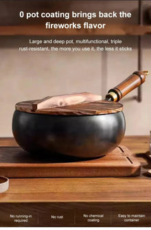Healthy Hand Forging Cast Iron Pot NonStick Uncoated Frying Pan with Wooden Lid Chinese Wok Induction Cooker Gas